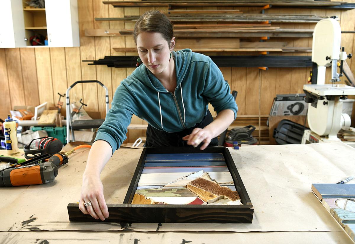 Missoulian photo of artist Amanda Krolczyk woodworking in her shop