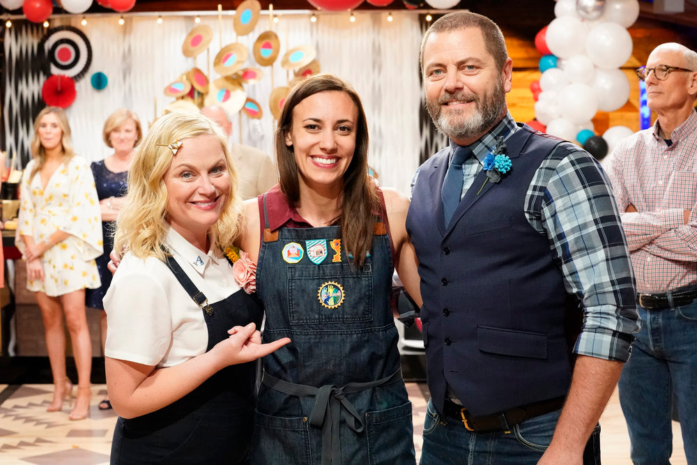 Justine Silva winner master maker of NBC's Making It pictured with Offerman and Poehler hosts