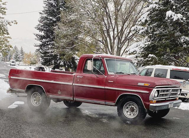1971 Ford F-250 Camper Special pickup truck in western Montana winter