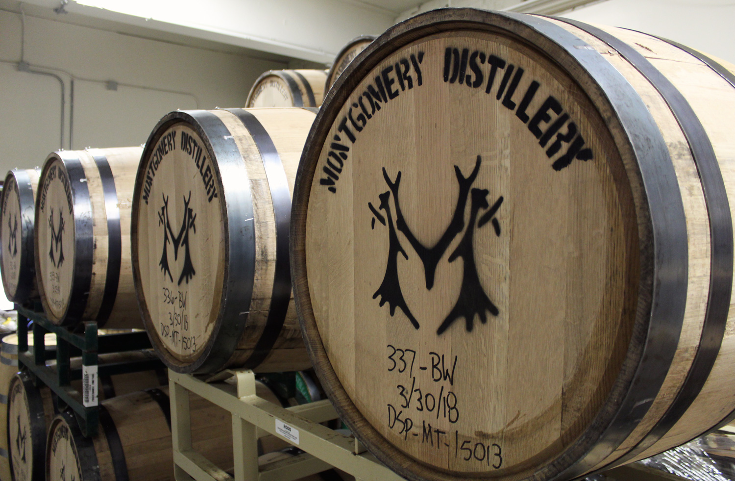 Wood casks at Montgomery Distillery