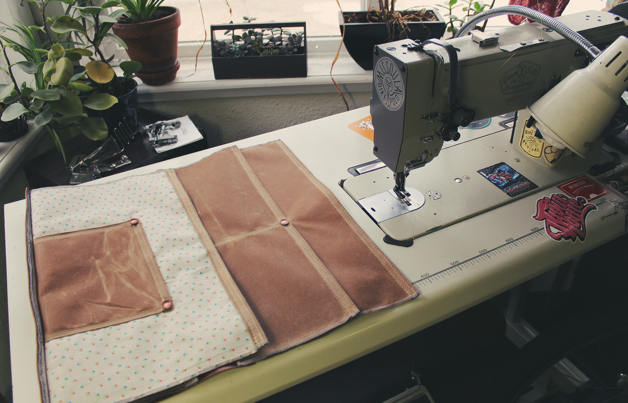 Waxed canvas tote on sewing machine