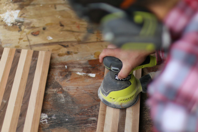 DIY Pete butcher block cutting board sanding